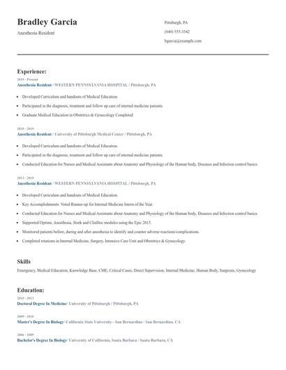 Anesthesia Resident Resume