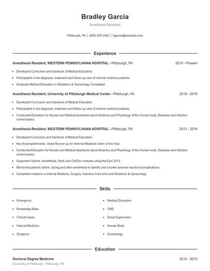 Anesthesia Resident Resume