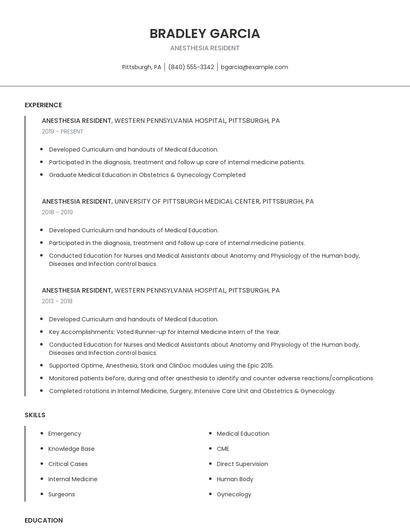 Anesthesia Resident Resume