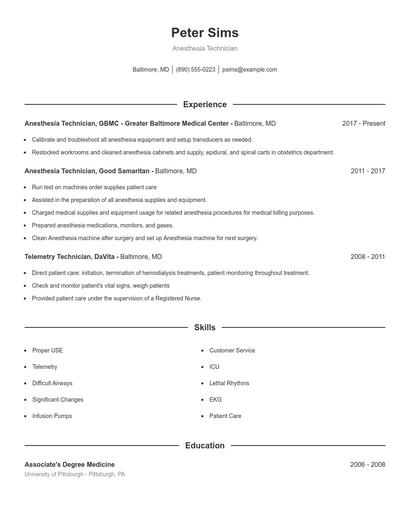 Anesthesia Technician Resume