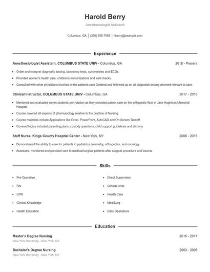 Anesthesiologist Assistant Resume