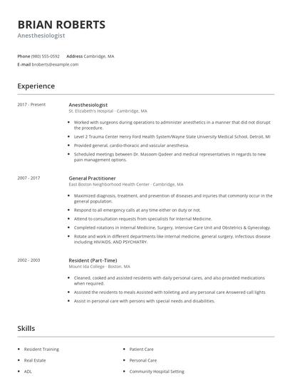 Anesthesiologist Resume