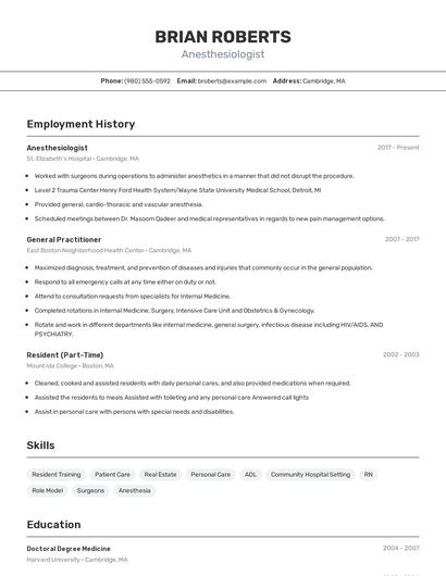 Anesthesiologist Resume
