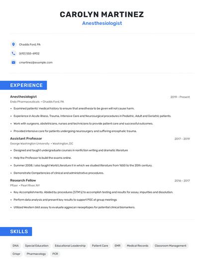 Anesthesiologist Resume