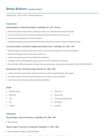 Anesthesiologist Resume