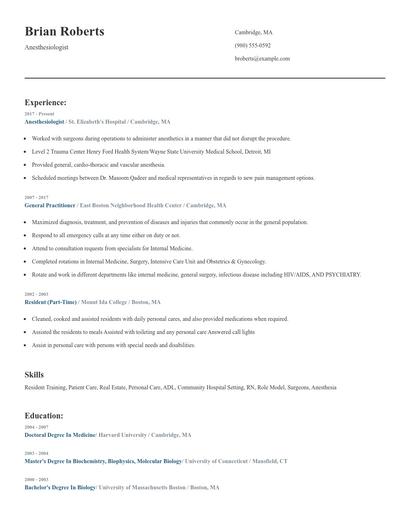 Anesthesiologist Resume