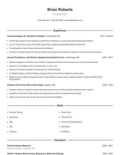 Anesthesiologist Resume