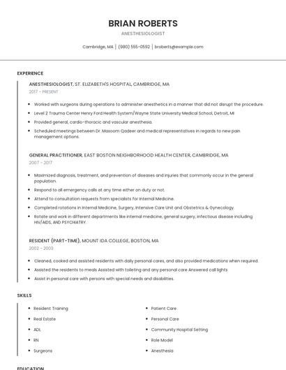 Anesthesiologist Resume