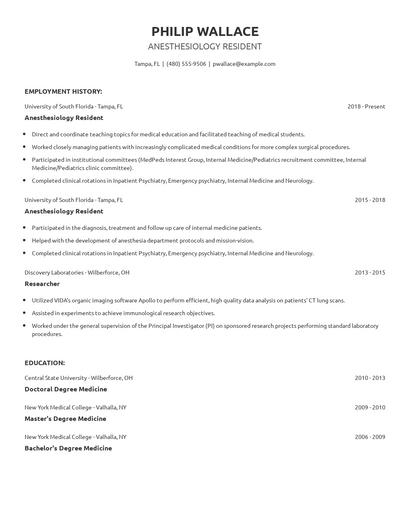 Anesthesiology Resident Resume