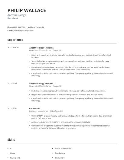 Anesthesiology Resident Resume