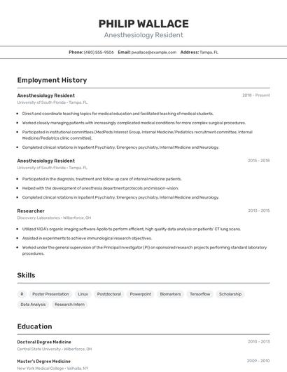 Anesthesiology Resident Resume