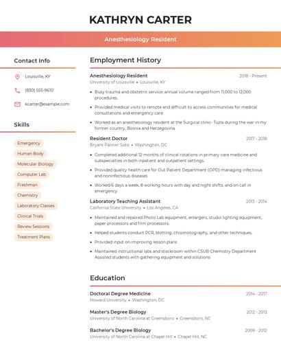 Anesthesiology Resident Resume