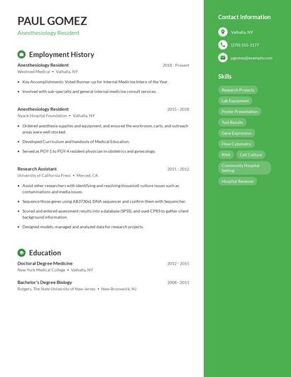 Anesthesiology Resident Resume