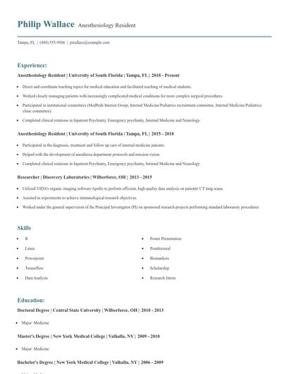 Anesthesiology Resident Resume