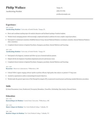 Anesthesiology Resident Resume
