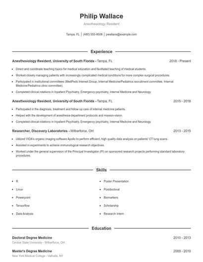Anesthesiology Resident Resume