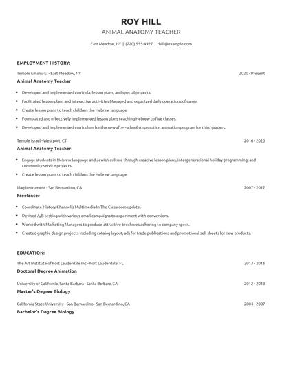 Animal Anatomy Teacher Resume