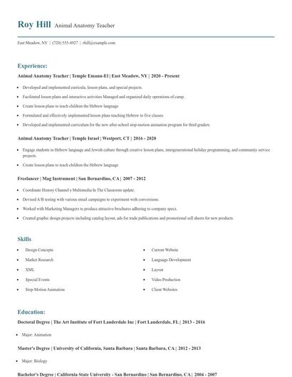 Animal Anatomy Teacher Resume