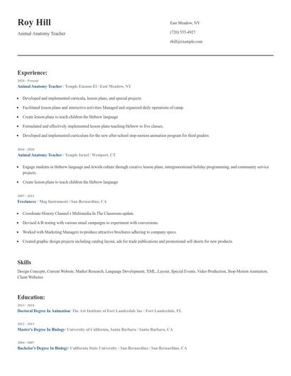 Animal Anatomy Teacher Resume