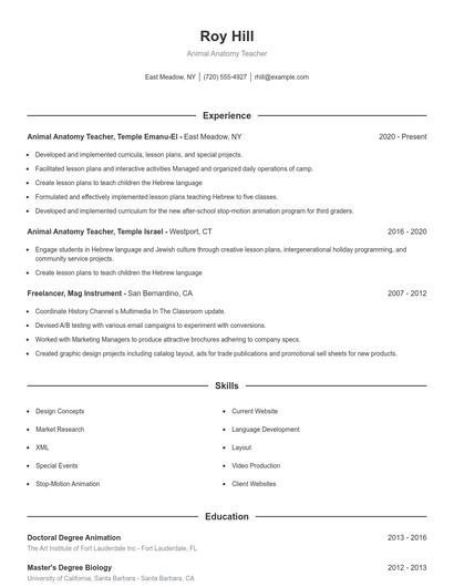 Animal Anatomy Teacher Resume