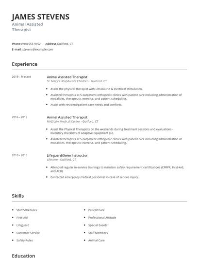 Animal Assisted Therapist Resume