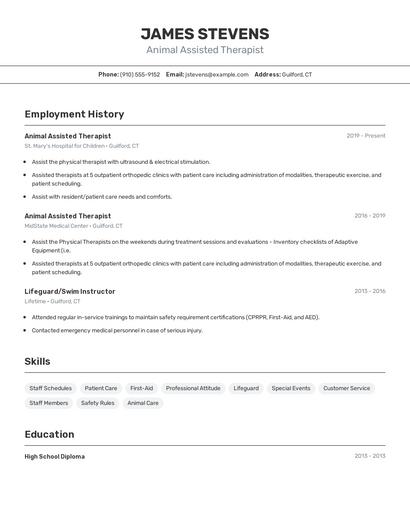 Animal Assisted Therapist Resume