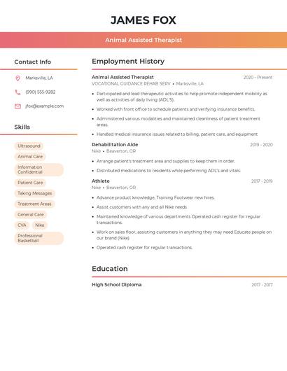 Animal Assisted Therapist Resume