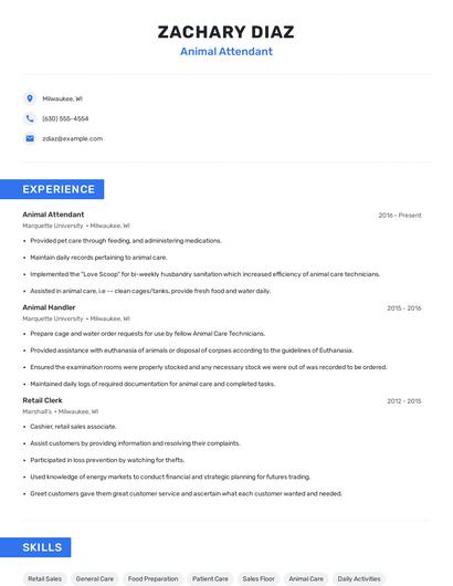 Animal Attendant Resume