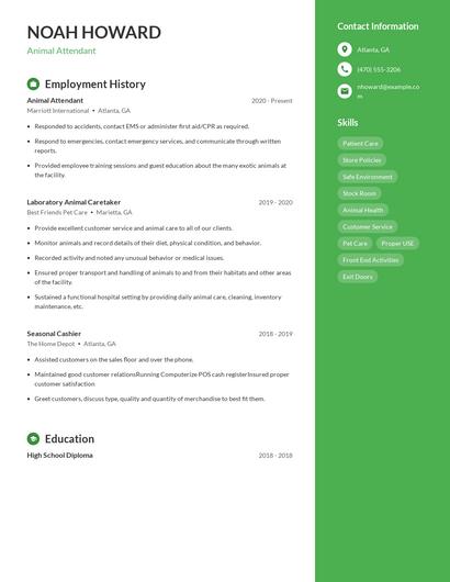 Animal Attendant Resume