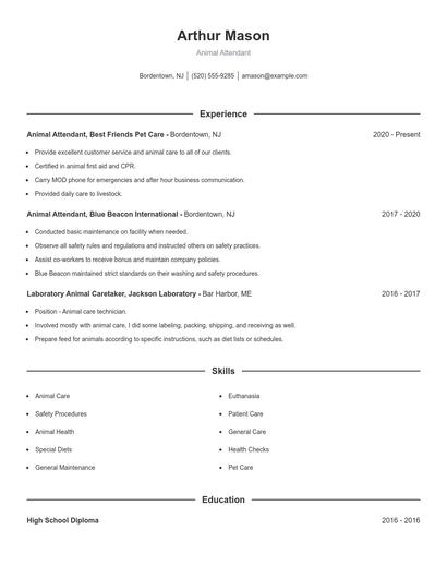 Animal Attendant Resume
