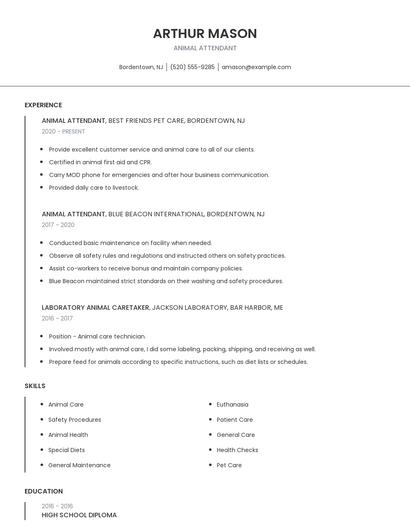 Animal Attendant Resume