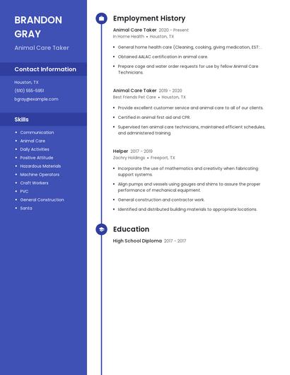 Animal Care Taker Resume