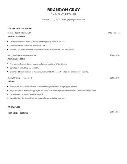 Animal Care Taker Resume