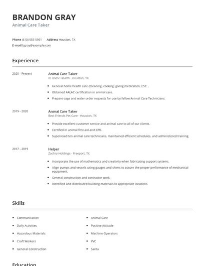 Animal Care Taker Resume