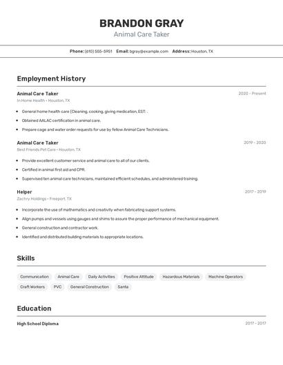 Animal Care Taker Resume