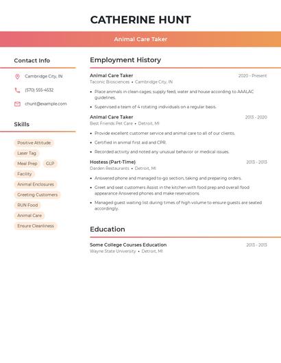 Animal Care Taker Resume