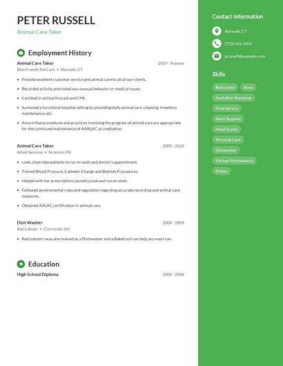 Animal Care Taker Resume