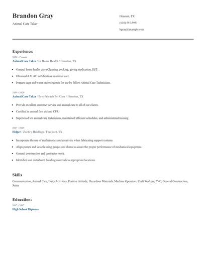 Animal Care Taker Resume