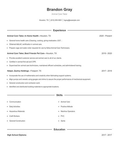 Animal Care Taker Resume
