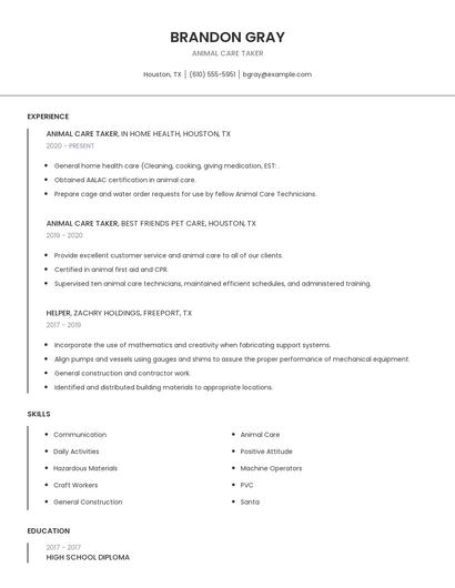 Animal Care Taker Resume