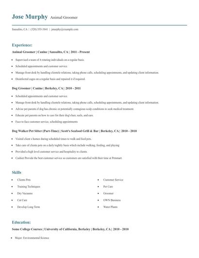 Animal Groomer Resume