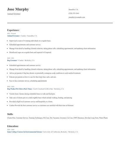 Animal Groomer Resume