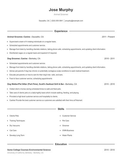 Animal Groomer Resume