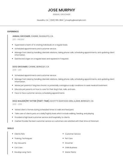 Animal Groomer Resume