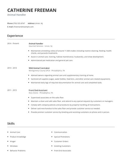 Animal Handler Resume