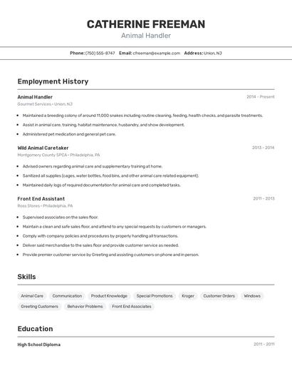 Animal Handler Resume