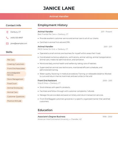 Animal Handler Resume