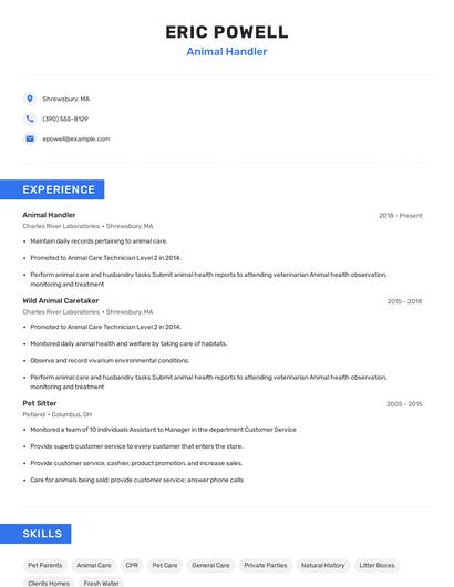 Animal Handler Resume