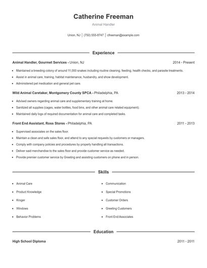 Animal Handler Resume