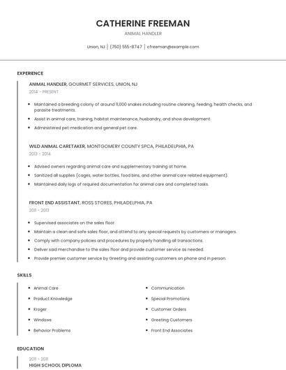 Animal Handler Resume